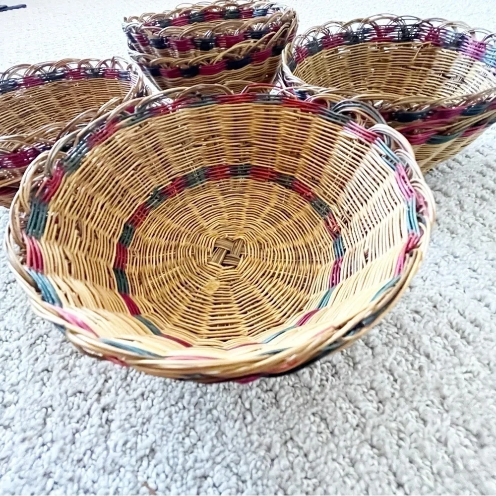 Woven Rattan Wicker Baskets Open Weave Round Stackable Xmas Vintage Set of 8